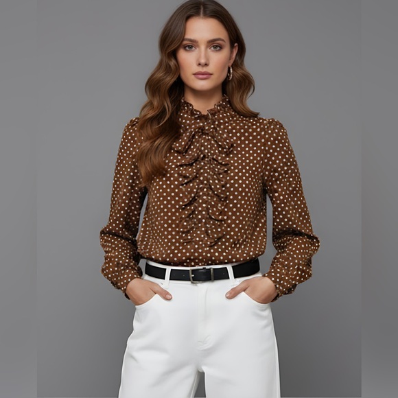 Tops - Polka Dot Ruffle Trim Shirt Brown